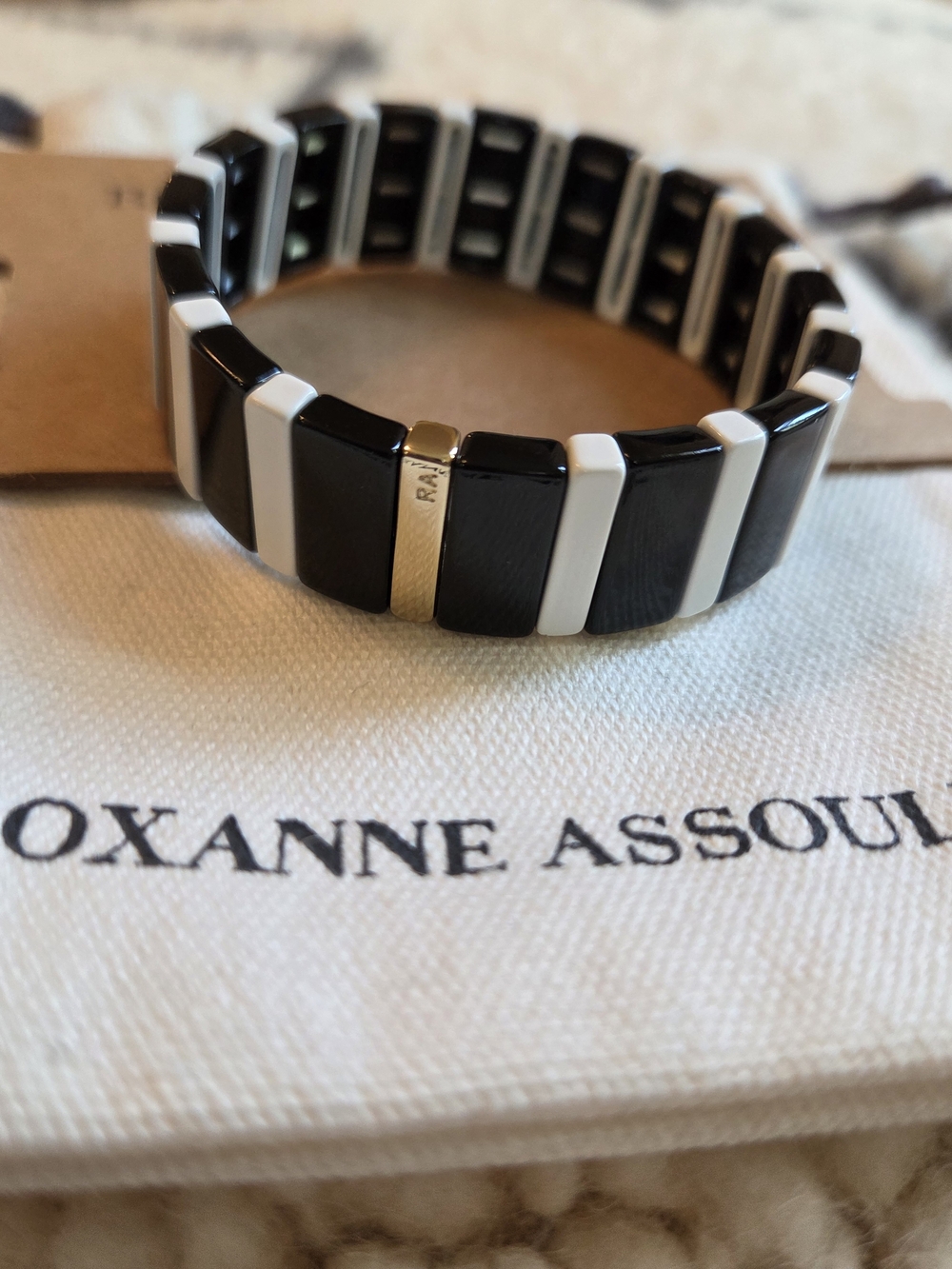 Roxanne Assoulin Enamel Tile Wide Stretch Bracelet - Black White Gold New